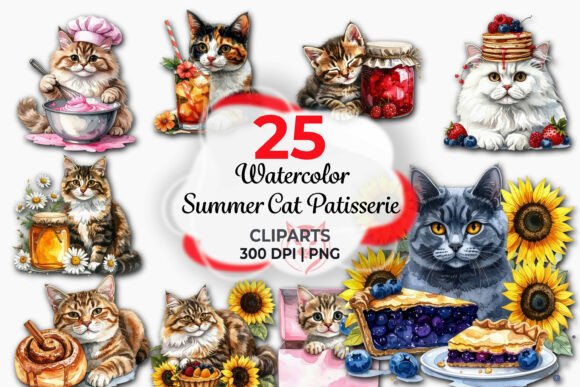Download Summer Cat Patisserie Watercolor Clipart - Clipart Collection