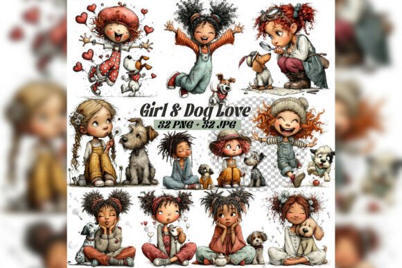 Download Whimsical Girl &amp; Dog Love Clipart Set - Clipart Collection