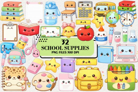 Download Kawaii School Supplies Clipart Bundle - Clipart Collection