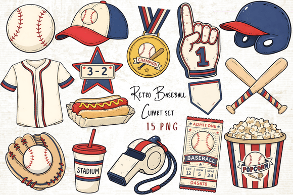 Download Retro Baseball Clipart Set - Clipart Collection