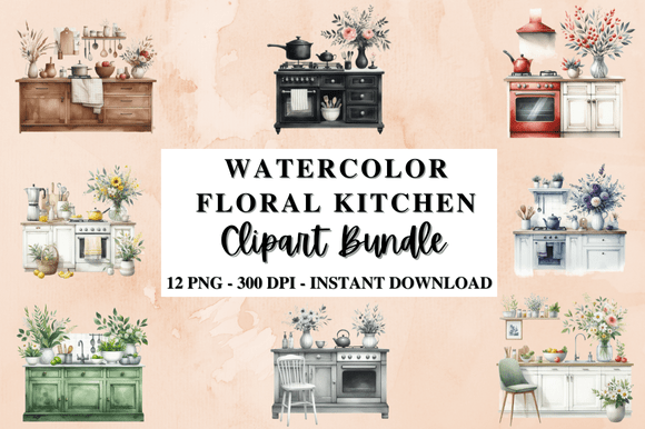 Download Watercolor Floral Kitchen Clipart Bundle - Clipart Collection