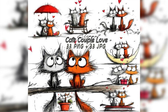 Download Whimsical Cat Couple Love Clipart Set - Clipart Collection