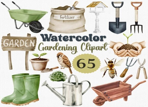 Download Watercolor Gardening Clipart Set, 65 PNG - Clipart Collection